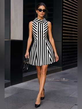 Karen Millen Black & White Striped Fit-and-Flare Dress – Size 2 (Fits 0)